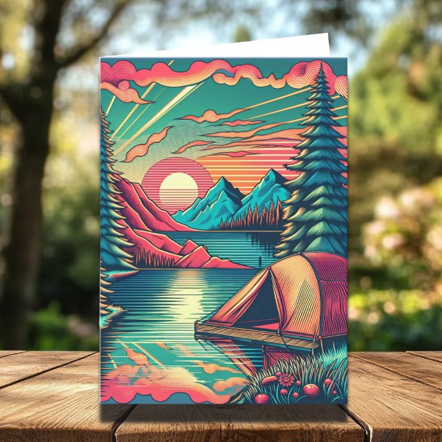 Vintages Rosa und Aquamarines Camping Thema Geburt Karte (Von Creator hochgeladen)