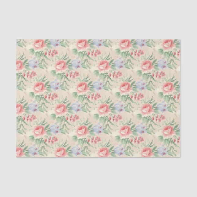 Vintages rosa und blaues Blume-Muster Seidenpapier (Vorderseite)