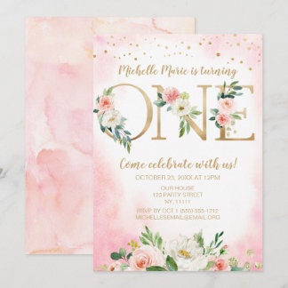 Vintages Rosa und goldfarbene Blüten - Erster Gebu Einladung