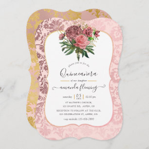 Vintages Rosa und Goldmasquerade Quinceñera Einladung