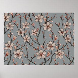 Vintages rosa und graues Blossom Muster Poster