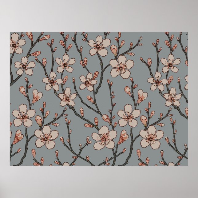 Vintages rosa und graues Blossom Muster Poster (Vorne)
