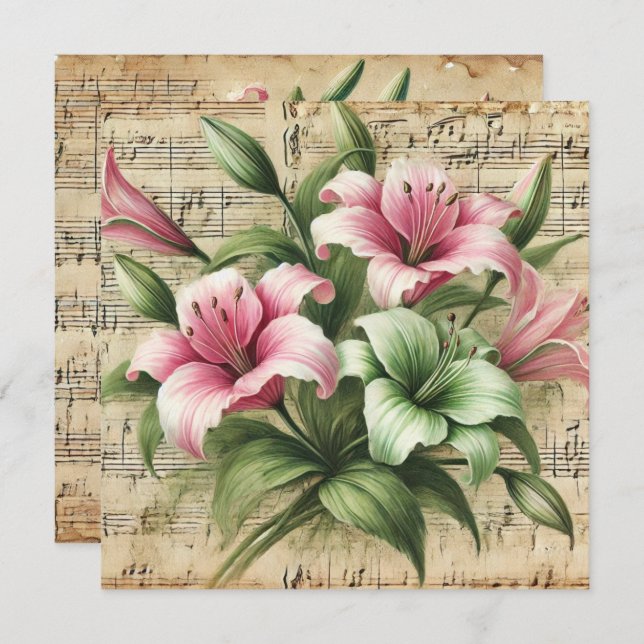 Vintages rosa und grüne Lilien-Scrapbook Einladung (Vorne/Hinten)
