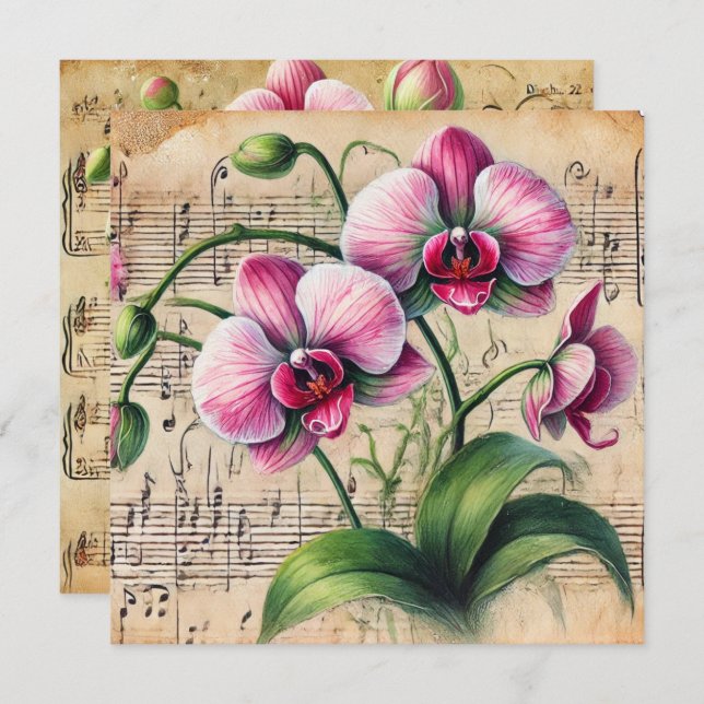 Vintages Rosa und grüne Orchideen Einladung (Vorne/Hinten)