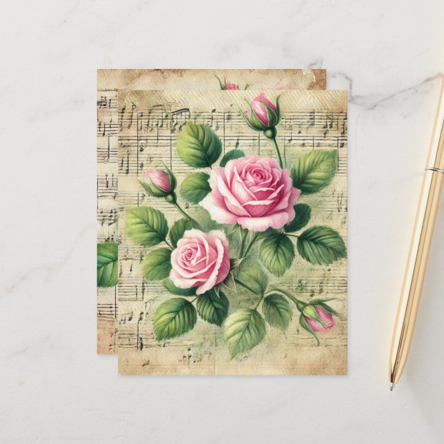 Vintages Rosa und grüne Rose Blatt Music Scrapbook (Vorderseite/Rückseite Beispiel)