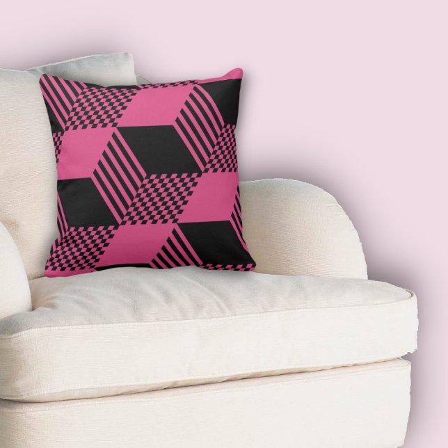 Vintages Rosa und schwarzer Streifen Diamant Schac Kissen (Vintage Pink & Black Stripe Diamond Checker Throw Pillow)