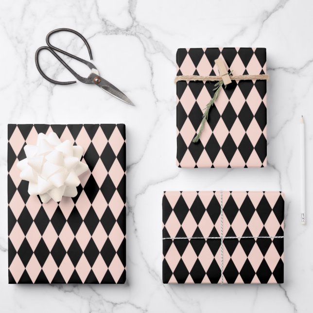 Vintages rosa und schwarzes Harlequin-Muster Geschenkpapier Set (Vorderseite)