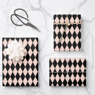 Vintages rosa und schwarzes Harlequin-Muster  Geschenkpapier Set