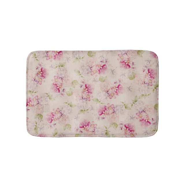 Vintages rosa weißes grünes Rosen-Blumenmuster Badematte (Vorderseite)