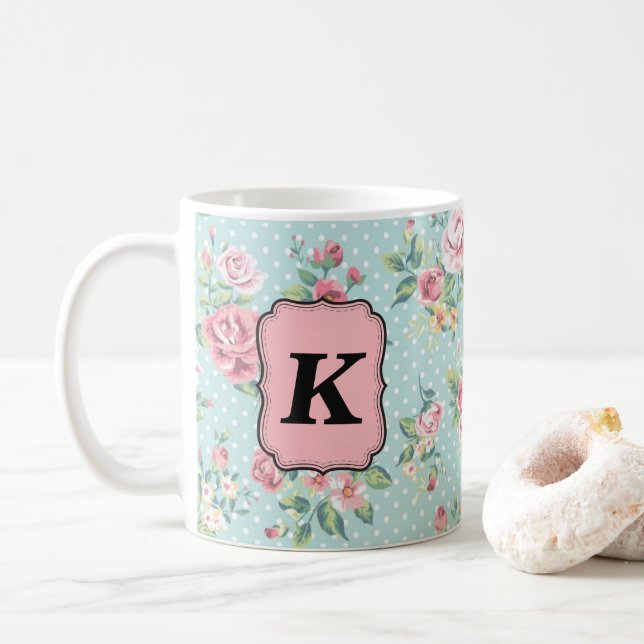 Vintages Rosen-Muster mit Monogramm Kaffeetasse (Mit Donut)
