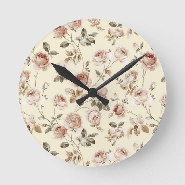 Vintages Rosenmuster Runde Wanduhr (Vorderseite)