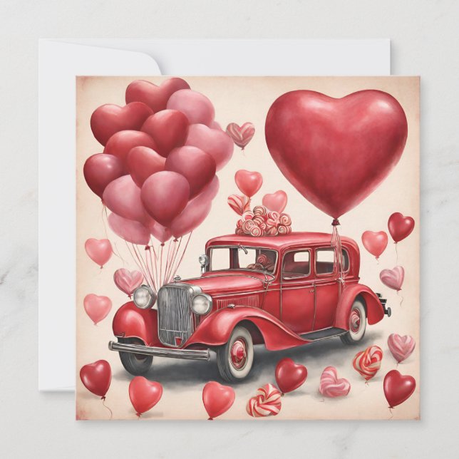 Vintages Rotes Auto mit Valentinstag Feiertagskarte (Vorderseite)