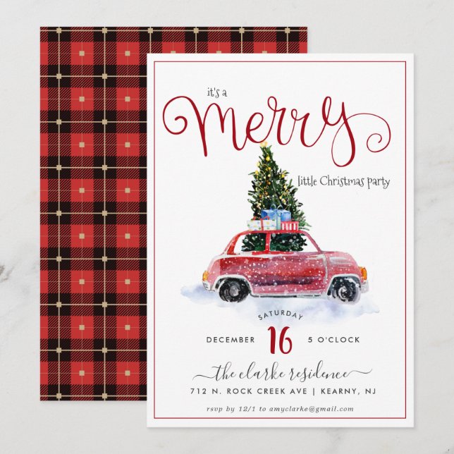 Vintages Rotes Auto mit Weihnachtsbaum Einladung (Vorne/Hinten)