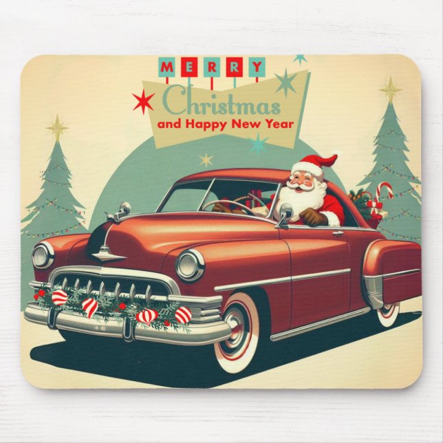 Vintages rotes Auto & Santa Mousepad (Vorne)