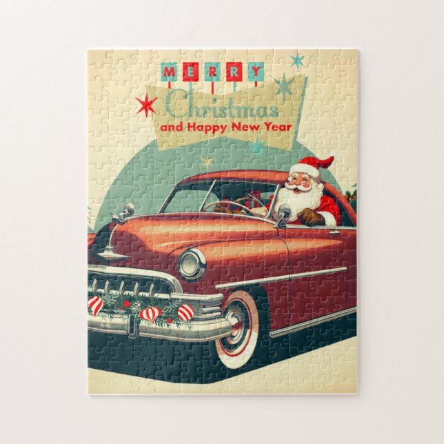 Vintages rotes Auto & Santa Puzzle (Vertikal)