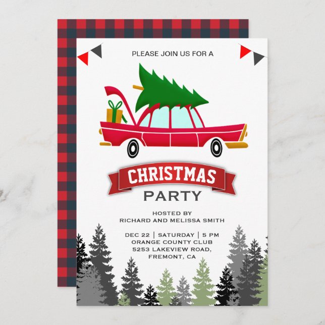 Vintages rotes Auto-WeihnachtsParty Einladung (Vorne/Hinten)