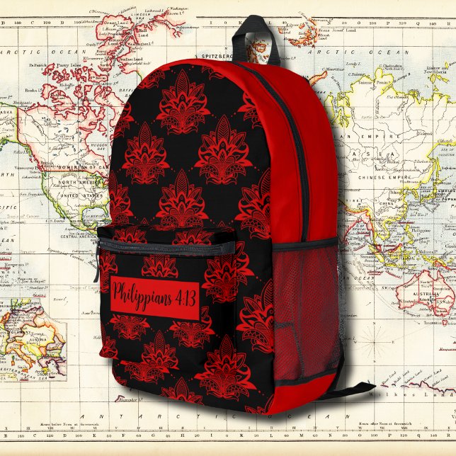 Vintages rotes Blumenmuster mit Bibelverse Bedruckter Rucksack (Von Creator hochgeladen)