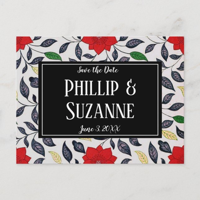 Vintages rotes Blumenmuster Save the Date Ankündigungspostkarte (Vorderseite)