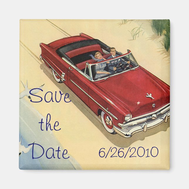 Vintages rotes Cabrio Save the Date am Strand Magnet (Vorne)