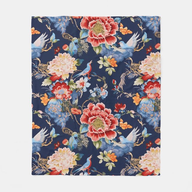 Vintages Rotes Chinoiserie Blumen Fleecedecke (Vorderseite)