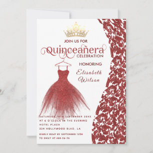 Vintages rotes Kleid Damask gold tiara Quinceañera Einladung
