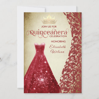Vintages rotes Kleid Damask gold tiara Quinceañera Einladung