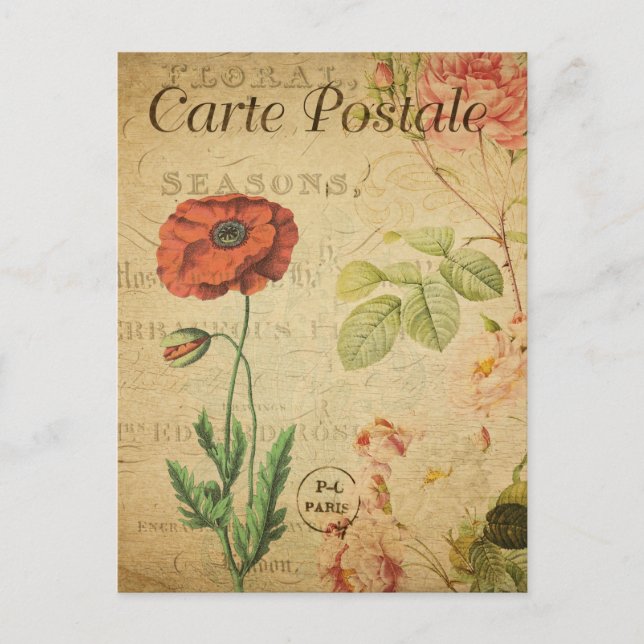Vintages Rotes Mohn Blume Blumenfranzösisch Postkarte (Vorderseite)