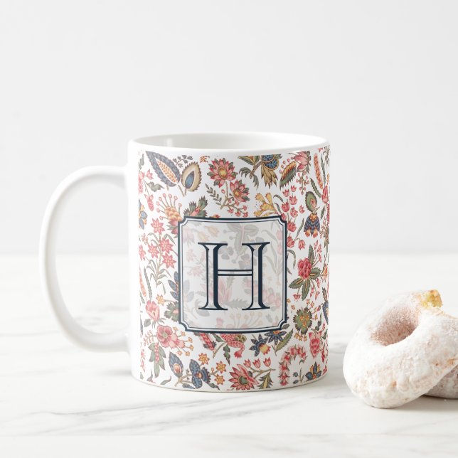 Vintages rotes rosa Blumenchic-Monogramm Kaffeetasse (Mit Donut)