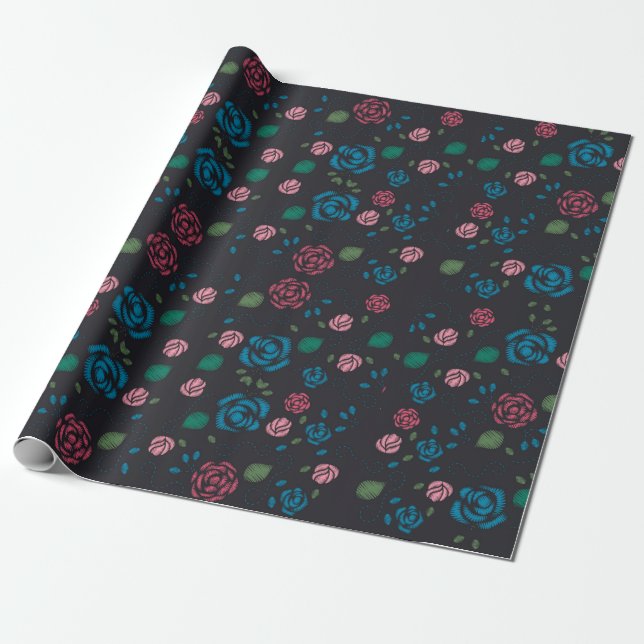Vintages rotes und blaues Blumenmuster Geschenkpapier (Ungerollt)