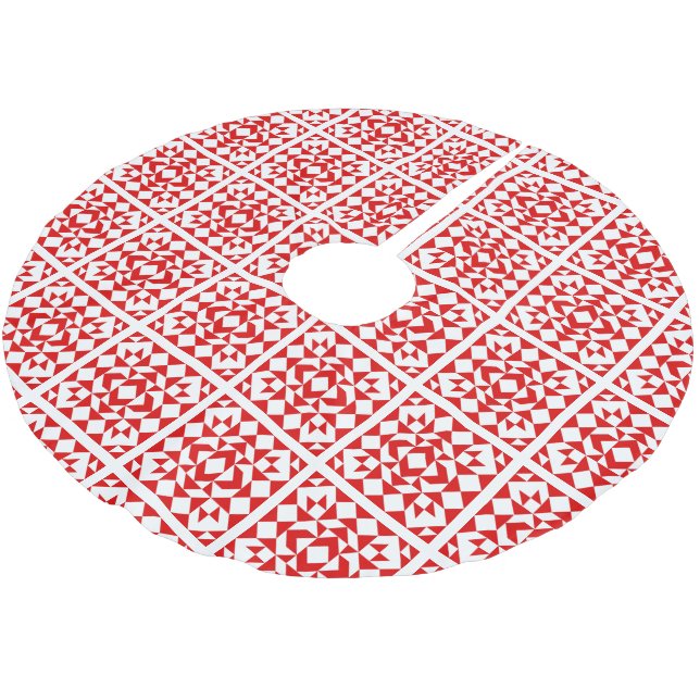 Vintages rotes Weihnachtsgeometrisches Quiltmuster Polyester Weihnachtsbaumdecke (Schrägansicht)