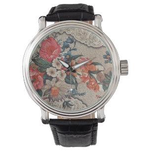 Vintages, rotes, weißes Blume Armbanduhr