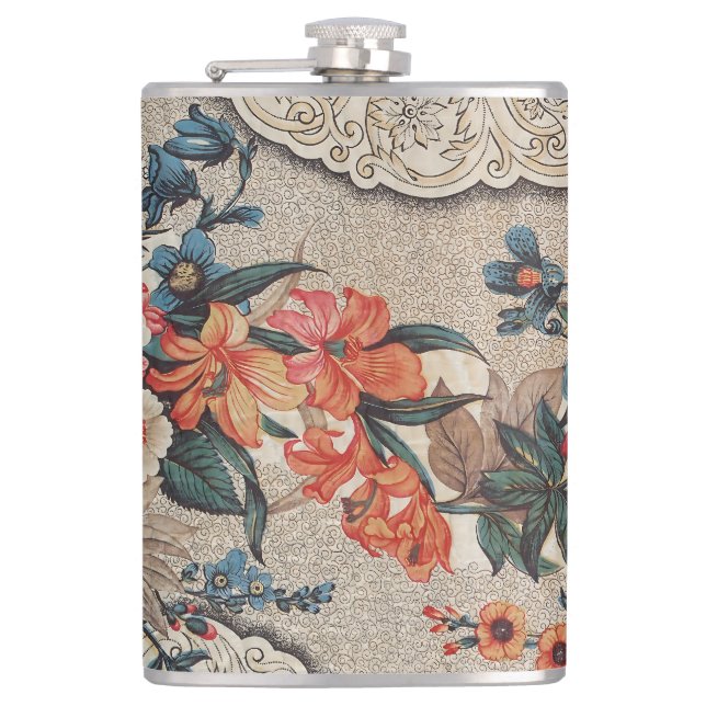 Vintages, rotes, weißes Blume Flachmann (Vorderseite)