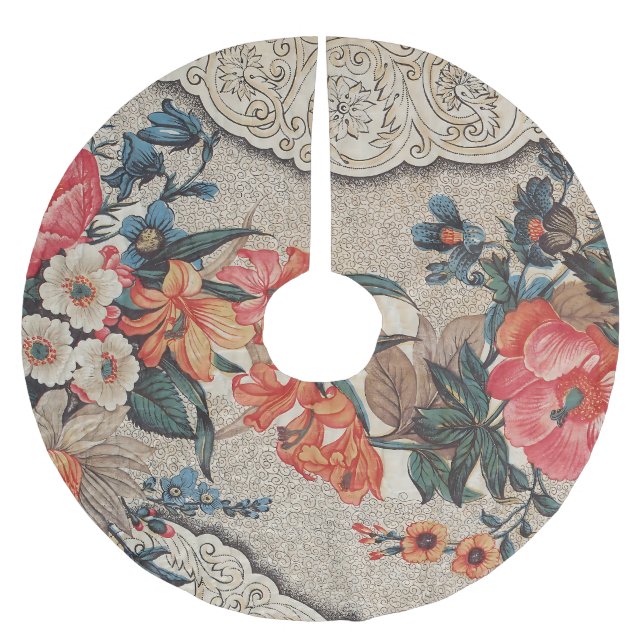 Vintages, rotes, weißes Blume Polyester Weihnachtsbaumdecke (Vorderseite)