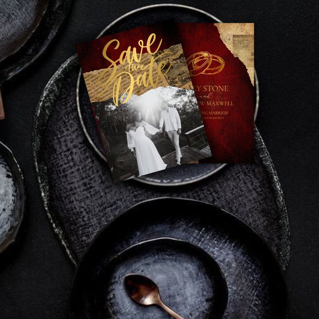 Vintages Rotschnitthaushalt, Goldkalligraphie Save The Date (Von Creator hochgeladen)