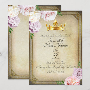 Vintages Royal Gold Crown Floral Sweet 16 Party Einladung