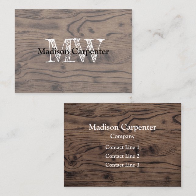 Vintages rustikales Braunholz Karpenter Monogramm Visitenkarte (Vorne/Hinten)
