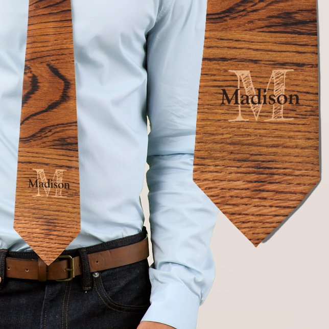 Vintages rustikales Braunholz Monogramm Krawatte (Vintage rustic brown burnt wood Monogram Neck Tie. Personalize with your custom initial and name.)