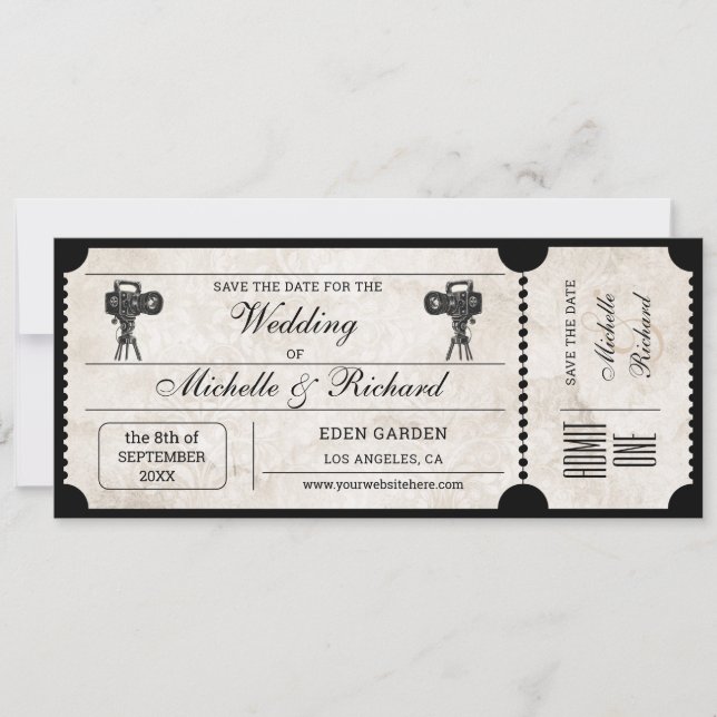 Vintages Rustikales Filmticket Save the Date Einladung (Vorderseite)