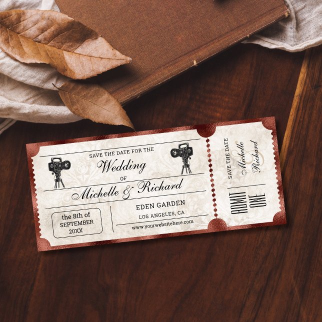 Vintages Rustikales Filmticket Save the Date Einladung (Von Creator hochgeladen)