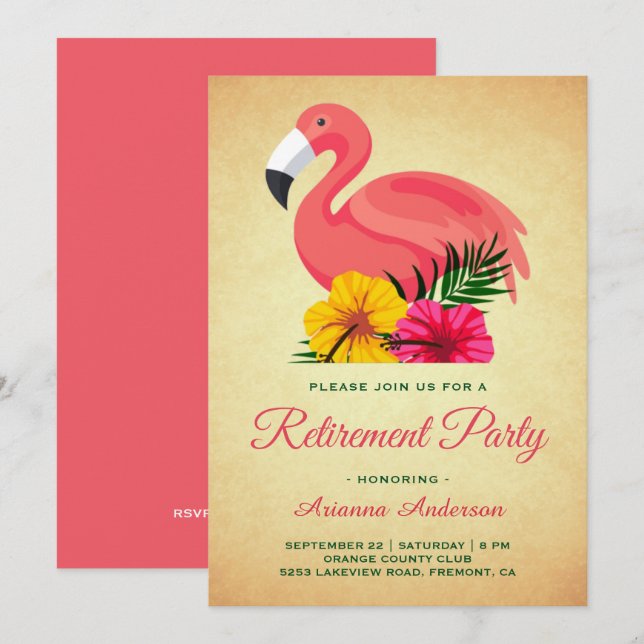 Vintages Rustikales Flamingo Retirement Party Einladung (Vorne/Hinten)