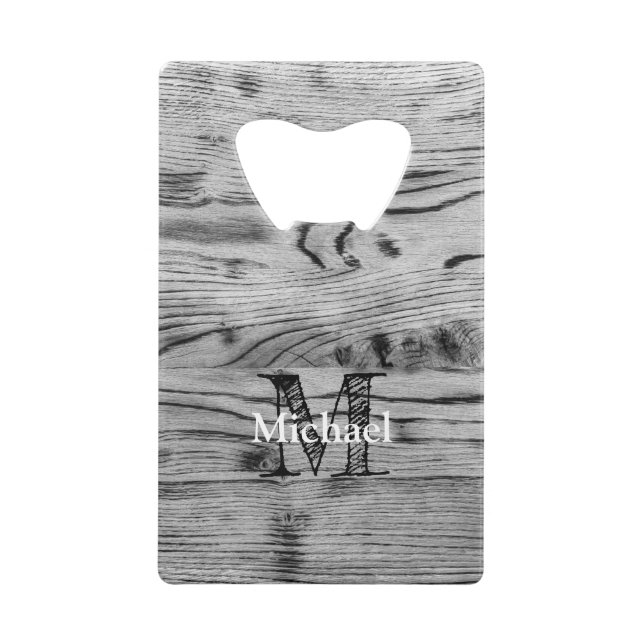 Vintages rustikales, graues, schwarzes Brennholz M Geldbeutel Flaschenöffner (Vorderseite)