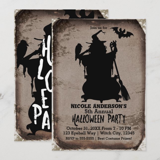 Vintages Rustikales Halloween Hexenkessel Cauldron Einladung (Vorne/Hinten)