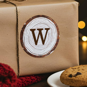 Vintages Rustikales Holzbaum-Slice Monogramm Runder Aufkleber