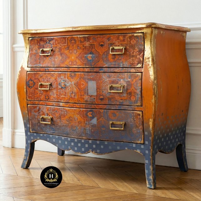 Vintages rustikales Orange- und Blautextilmuster Seidenpapier (Von Creator hochgeladen)