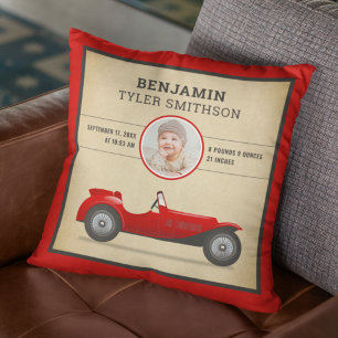 Vintages Rustikales Red Race Car Baby Foto Geburts Kissen