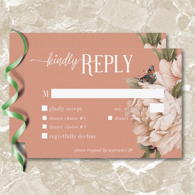 Vintages rustikales Rost & Pfirsichfrühstück RSVP Karte (Vintage Rustic Rust & Peach Peonies Dinner RSVP Card)