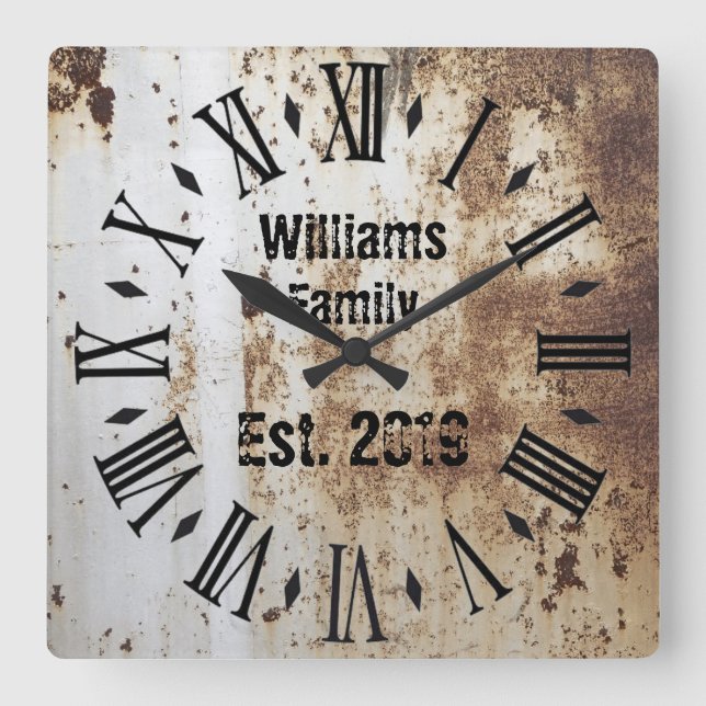 Vintages rustikales Shabby Chic beunruhigte Antike Quadratische Wanduhr (Vorderseite)