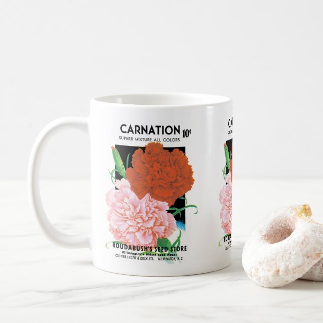 Vintages Saatgut - Etikett Kunst, Nelken Blume Tasse (Mit Donut)