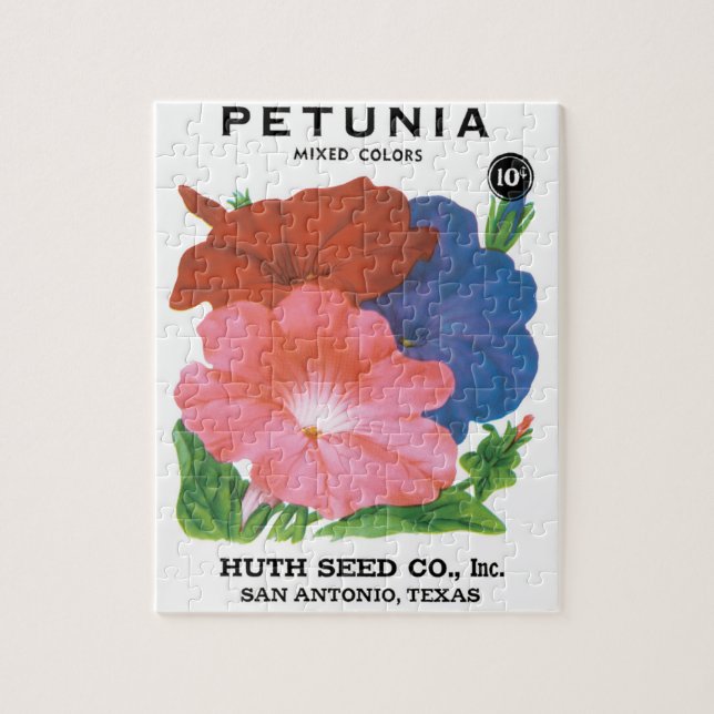 Vintages Saatgutpackungs-Label Art, Petunia-Blume Puzzle (Vertikal)