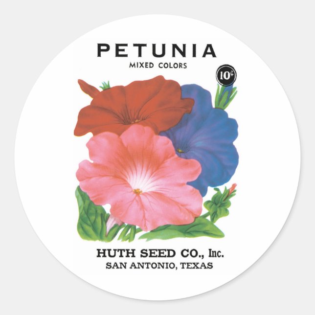 Vintages Saatgutpackungs-Label Art, Petunia-Blume Runder Aufkleber (Vorderseite)